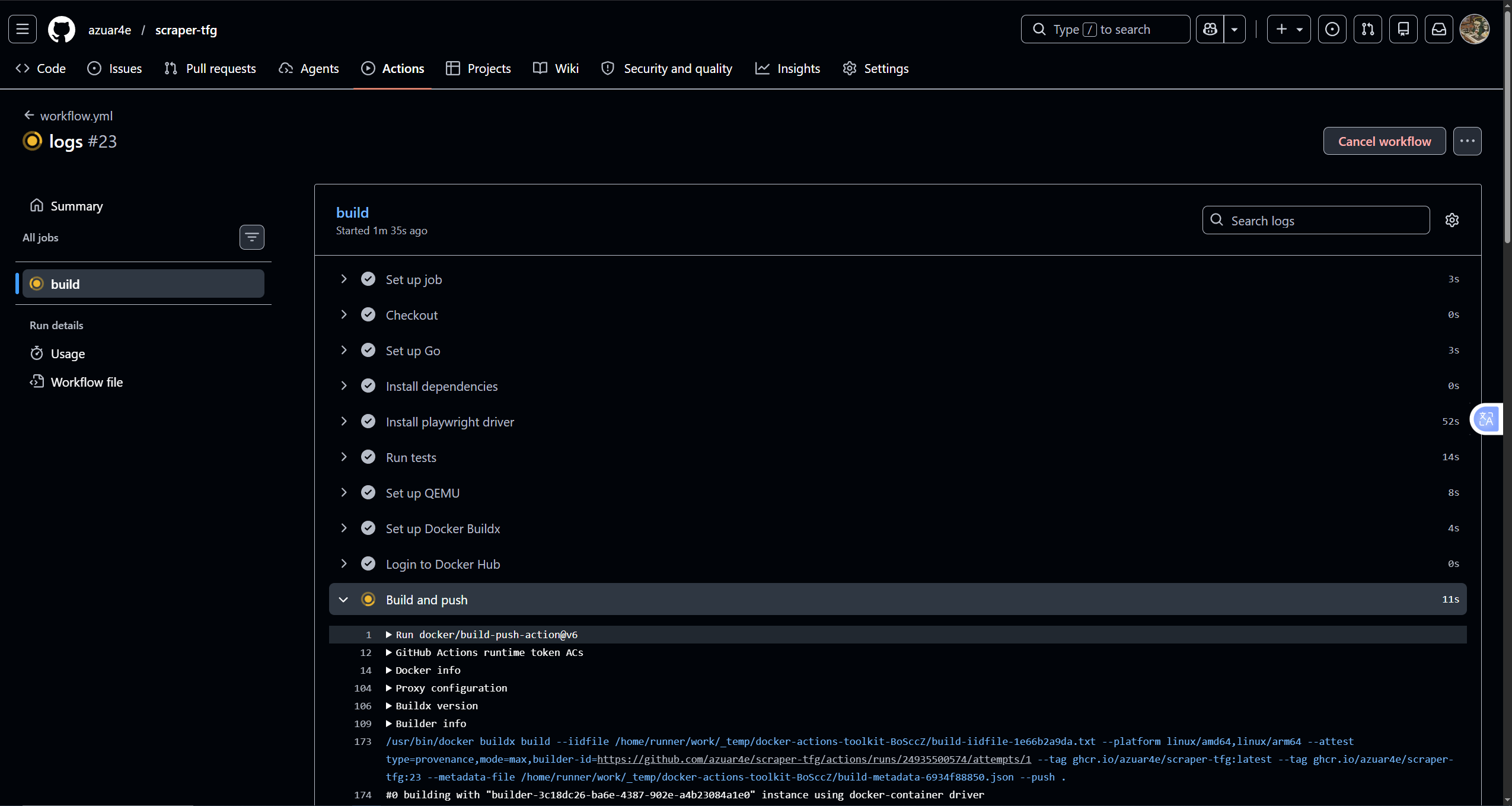 GitHub Actions del scraper en ejecución